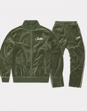 Womens Corteiz Vvs Velour Tracksuits Green | P3G-5778